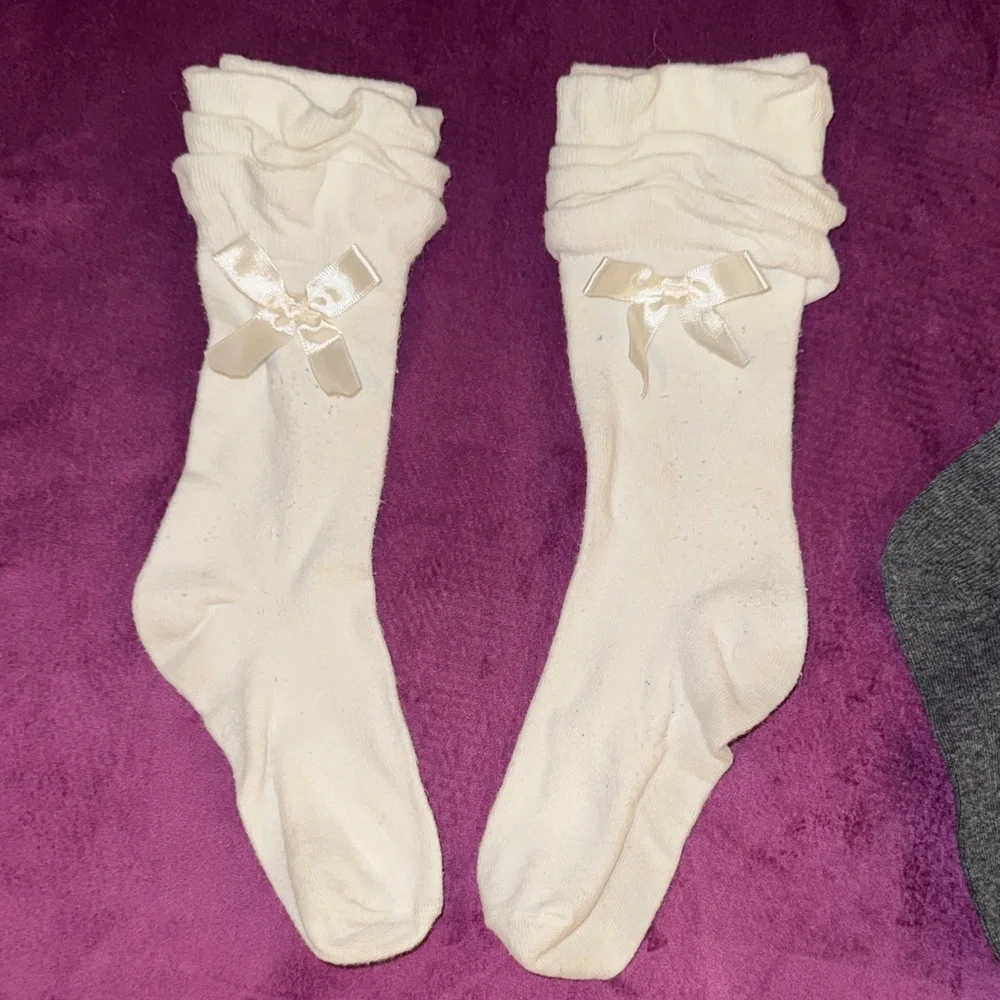 Set of 2 Kids Ruffle Socks with Bows Little Girls Ivory Cream & Gray Charcoal